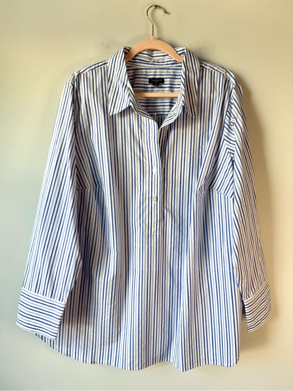 Talbots Plus Cotton Poplin Popover Blouse Blue Stripe 2X